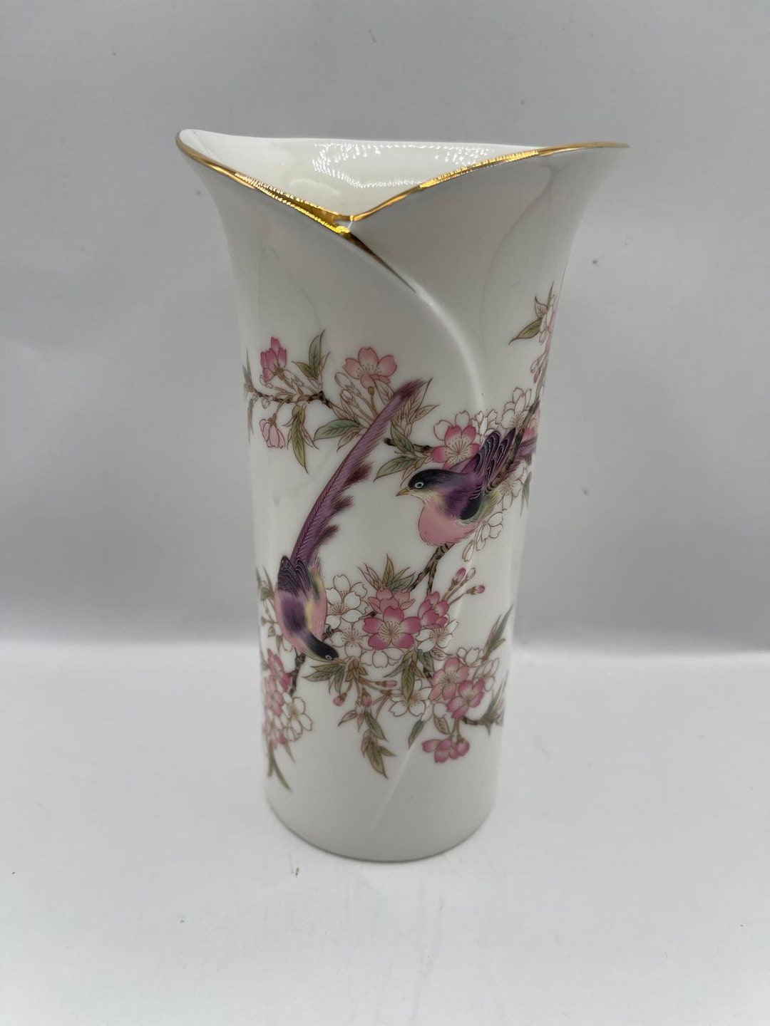 日本の山地磁器 長方形花瓶 梅の花 止まり木鳥 ゴールドトリム - Etsy 日本
