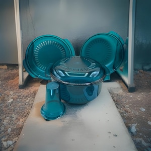 May include: A collection of teal kitchen items, including a covered bowl, two lids, and a small cup. The bowl has a silver rim and a patterned lid. The items are arranged on a light surface, with a neutral background.