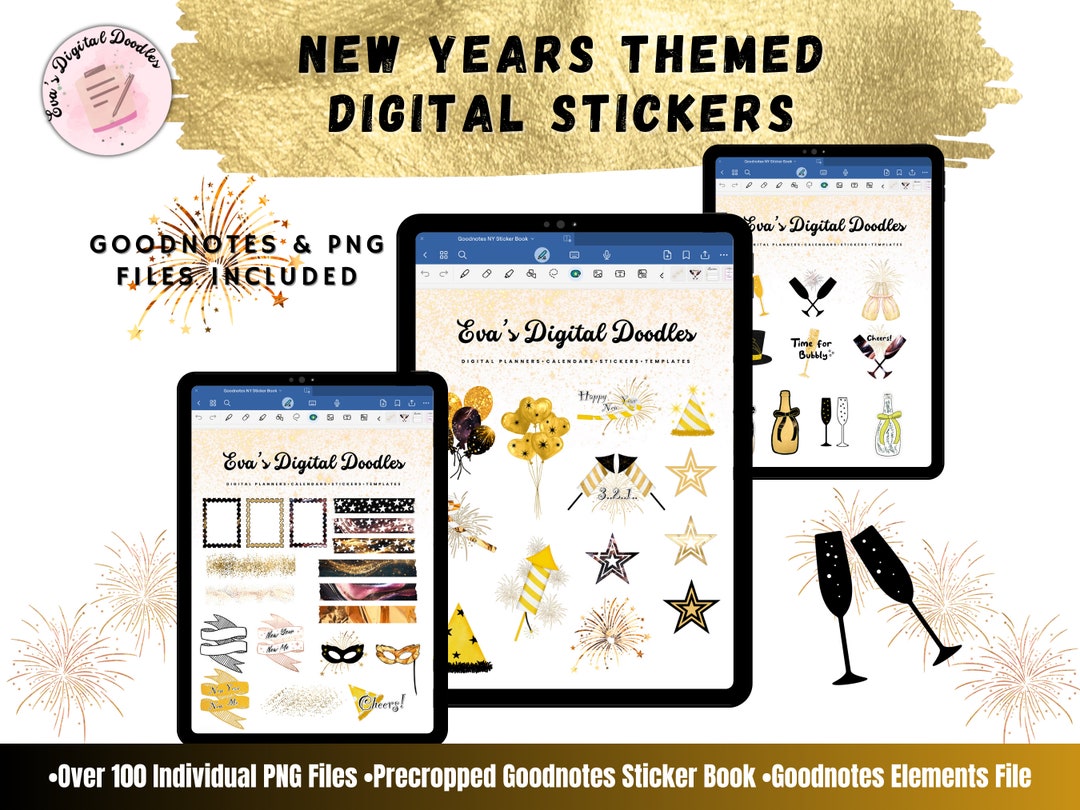 New Years Digital Planner Stickers, Black Gold & Rose Gold Digital ...