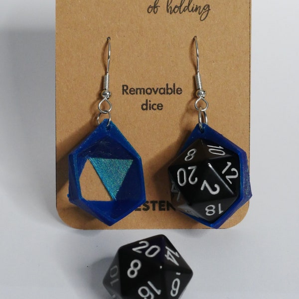23mm Peacock Rollable d20 earrings, removable dice, handmade unique gift, dnd gift, dnd earrings, detachable d20, dice case