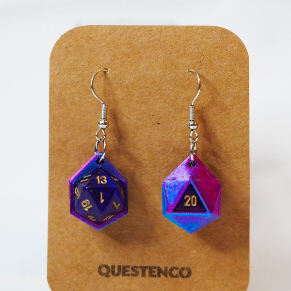 Mini Purple Magic rollable d20 earrings, removable dice, handmade unique gift, dnd gift, pink dnd earrings, detachable d20, dice case