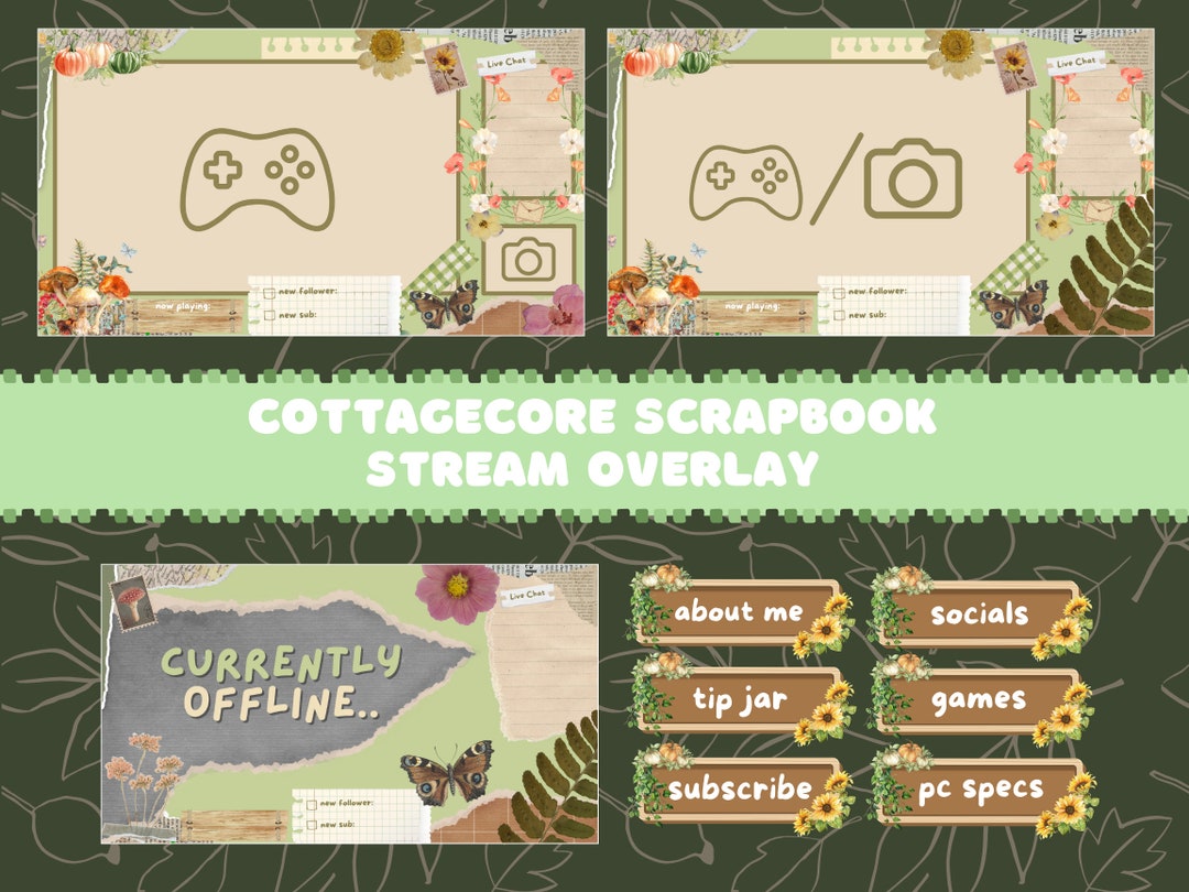 Cottagecore Scrapbook Overlay for Streamer Sage Green Stream Overlay
