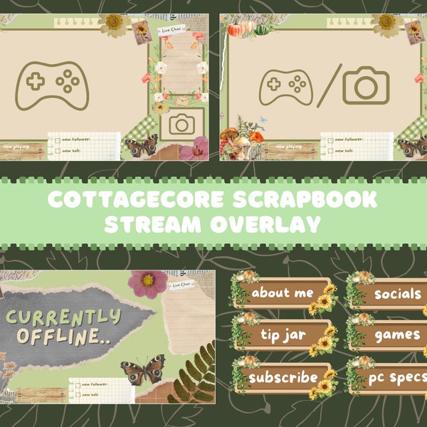 Cottagecore Scrapbook Overlay For Streamer Sage Green Stream Overlay Bundle Cottagecore Stream Overlay