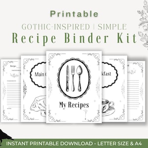 Könnte beinhalten: Druckbarer Rezeptordner-Set mit einem gotisch inspirierten Design. Der Umschlag zeigt eine Schwarzweißillustration eines Tellers mit Besteck und dem Text "Meine Rezepte".