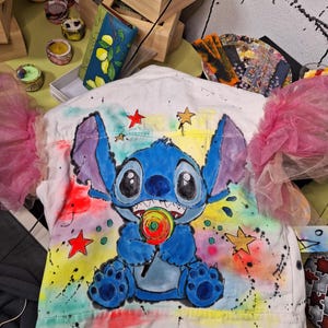 Customized Hand-Painted Denim Vest | Unique Boho Jean Jacket for Girls, Size 7-15 yrs | Custom Children’s Clothing. Stitch disney design
