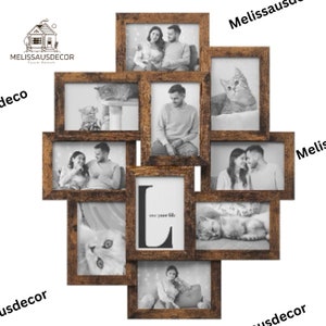 May include: A rustic wooden picture frame collage with 10 openings for photos. The frame is in the shape of a heart and has a distressed brown finish. The frame is perfect for displaying family photos, wedding photos, or other special memories.