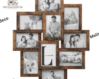 May include: A rustic wooden picture frame collage with 10 openings for photos. The frame is in the shape of a heart and has a distressed brown finish. The frame is perfect for displaying family photos, wedding photos, or other special memories.