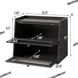 May include: Black wooden shoe storage cabinet with two shelves and a door. The cabinet measures 15.74 inches wide, 13 inches high, and 7.28 inches deep. Each shelf has a metal mesh insert.