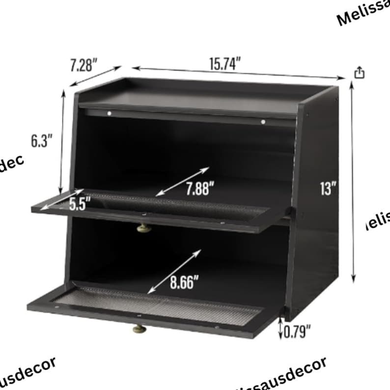 May include: Black wooden shoe storage cabinet with two shelves and a door. The cabinet measures 15.74 inches wide, 13 inches high, and 7.28 inches deep. Each shelf has a metal mesh insert.