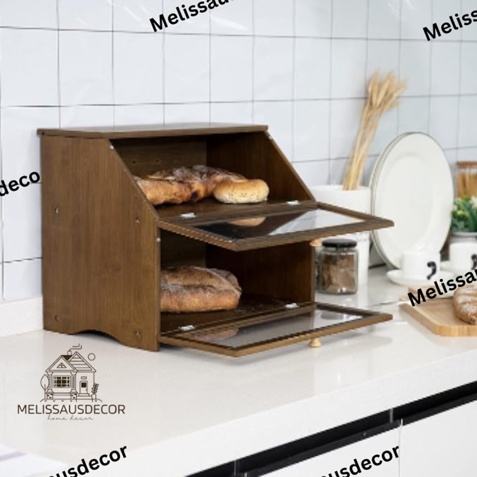 2 Layers Wood Bread Box | Vintage Bread Box | Kitchen Storage | Kitchen Shelf | Bread Box | Large Bread Box | Bamboo Bread Box - Brown