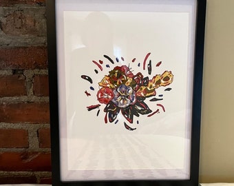 May include: A framed print of a colorful abstract floral design with red, yellow, blue, and green hues. The flowers are stylized and have a whimsical feel.