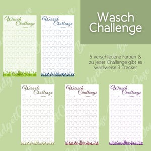 Könnte beinhalten: Fünf druckbare Wäsche-Challenge-Tracker mit verschiedenen farbigen Rändern. Jeder Tracker hat eine Liste von 50 T-Shirts, die Sie abhaken können, wenn Sie Ihre Wäsche-Challenge abgeschlossen haben.