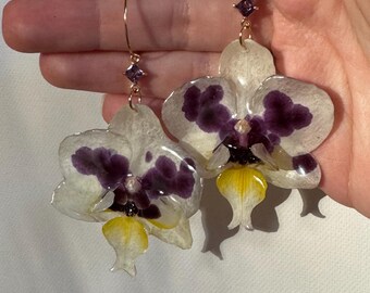 Real Orchid Petal Hoop Earrings - Handcrafted Purple & Yellow Floral Resin Statement Jewelry, Elegant Nature-Inspired Gift Christmas gift