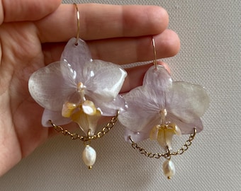 Handmade Resin Orchid Earrings, Lightweight Dangle, Floral Jewelry (Surgical Steel)