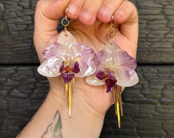Real Flower Earrings, Pink Orchid Resin, tassel Hoops