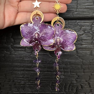 Pendientes de orquídeas naturales, colgantes de resina hechos a mano, joyería floral original.
