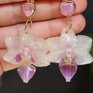 Real Orchid Earrings in Resin, Handmade Floral Jewelry, Botanical Nature Gift, Lightweight Dangle Earrings for Women