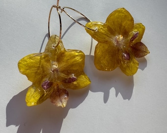 Yellow Orchid earrings Flower jewelry Handmade with real petals Unique Christmas gift