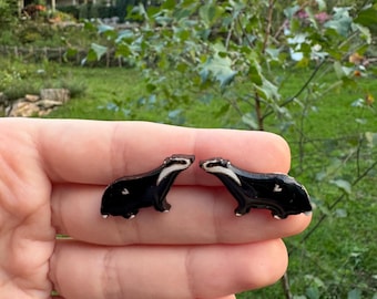 Badger stud earrings  Animal jewelry Handmade wooden gifts for her