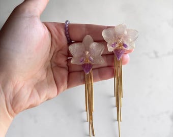 Oorbellen met echte bloemen, orchideeënringen, harssieraden, botanische hangers