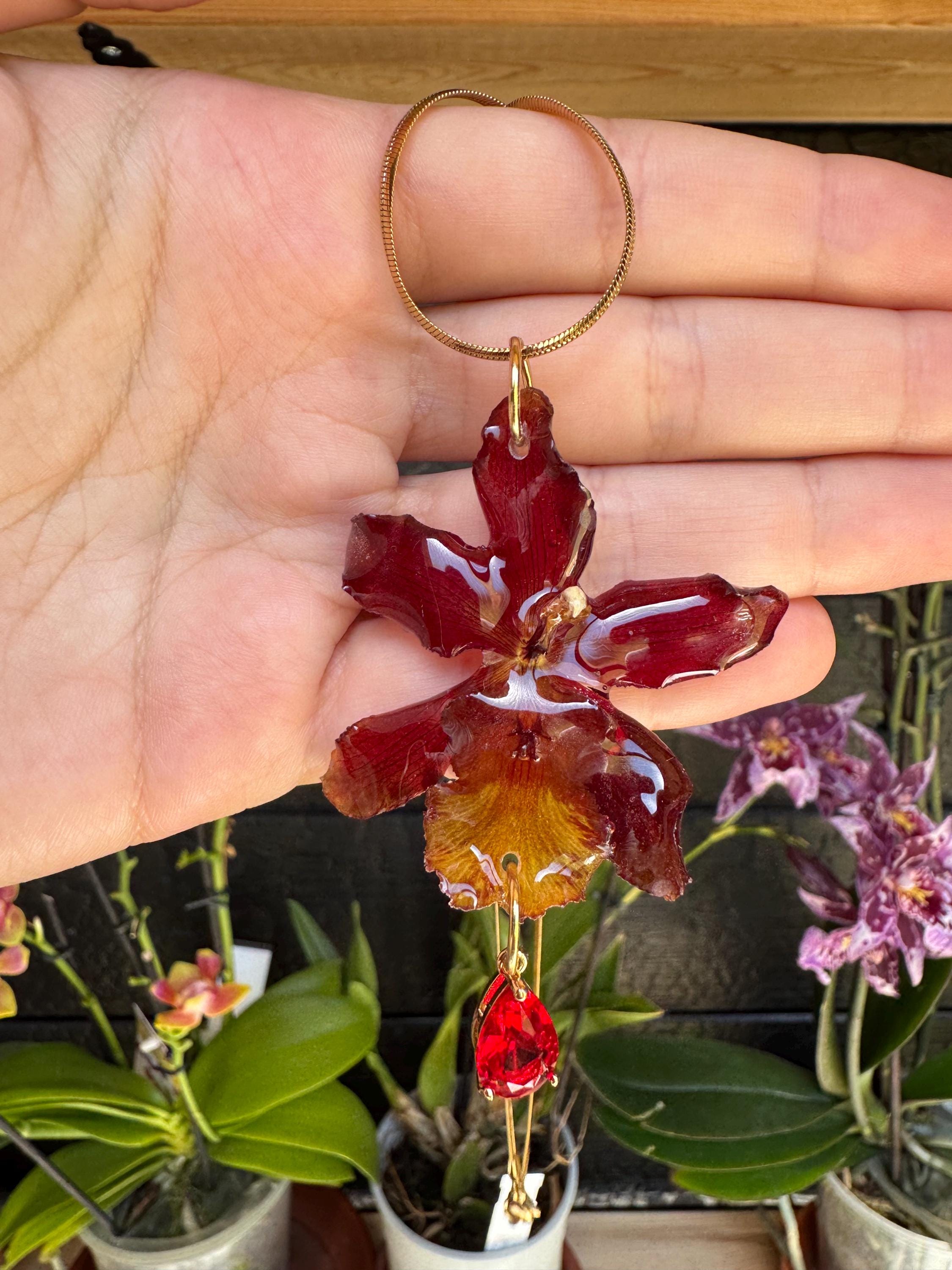 Orchid Necklace Real Red Orchid Handmade Resin Jewelry Unique Botanical Gift for Her Nature Inspired Pendant
