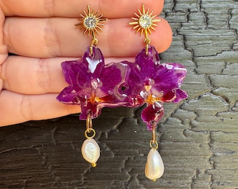 Brincos de orquídea preservada, joias botânicas artesanais em resina, acessórios florais naturais
