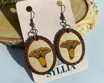 Yellow chanterelle mushroom earrings Hand-painted on wood Cottagecore jewelry