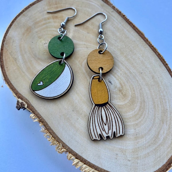 Fun matcha latte earrings Unique green tea art Wooden handmade earrings Quirky jewelry Gift for her tea lover Eco-friendly dangle