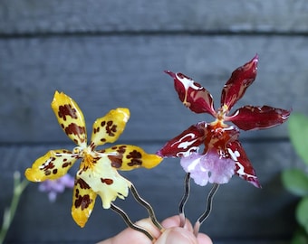 May include: Two hair pins featuring preserved orchid blossoms. One pin displays a yellow orchid with dark brown spots, while the other features a deep burgundy orchid with a light purple center. Both flowers have a glossy, resin-coated finish.