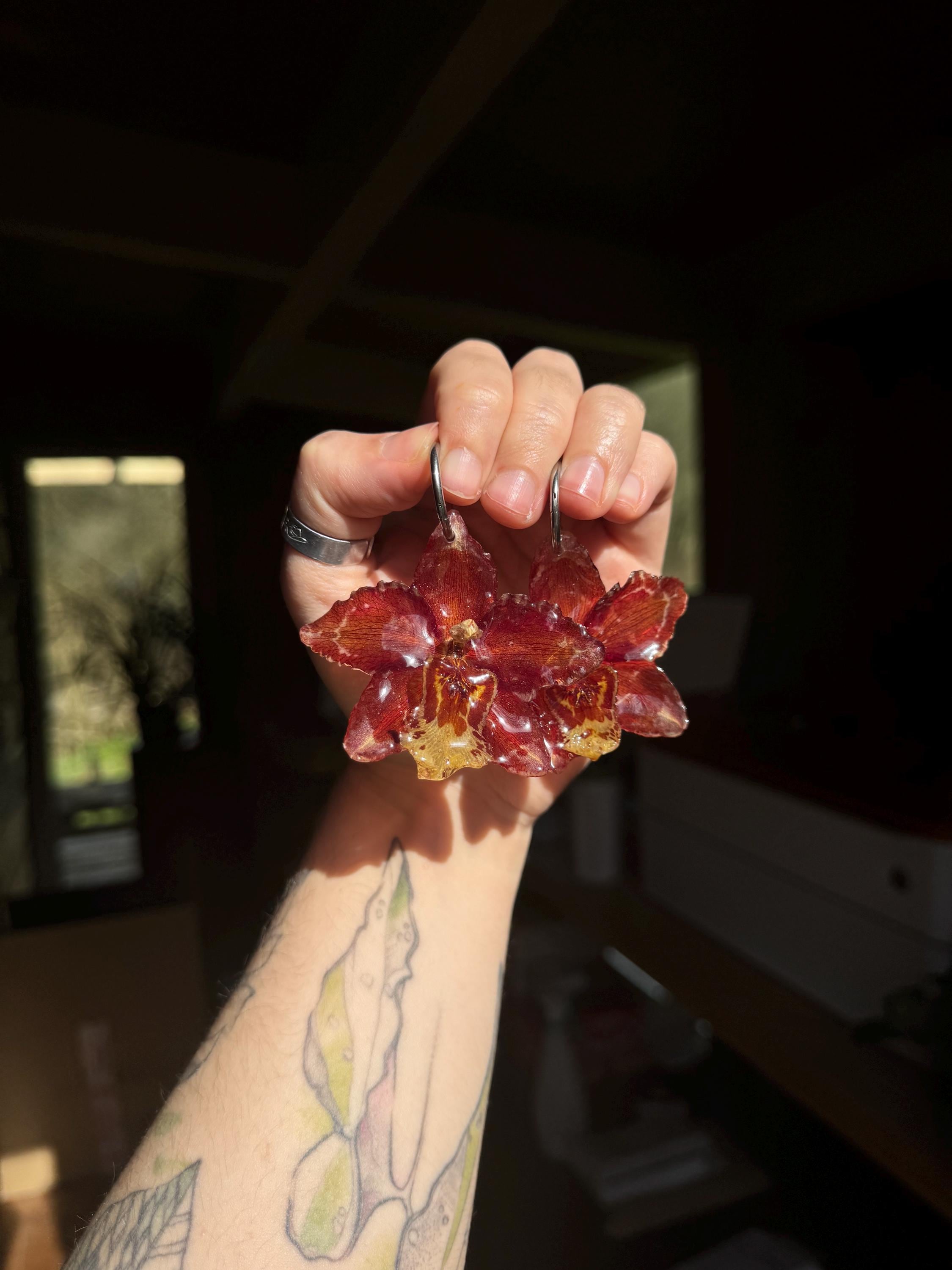 Orchid Earrings Real Red Hybrid Flower Jewelry, Handmade Botanical Studs, Unique Nature-Inspired Gift for Her