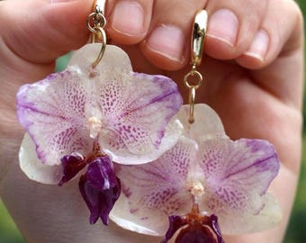 Boucles d'oreilles orchidée rose véritable, bijoux botaniques