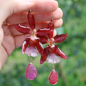 Pink orchid earrings, Real flower jewelry, Handmade floral jewellery, Golden hoops, Gemstone charm, Unique gift for her, Cottagecore vibes