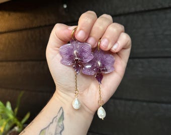 Real Flower Earrings, Purple Orchid Resin, Pearl Hoops
