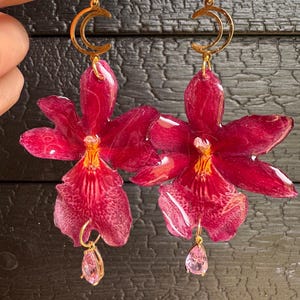 Real Pink Orchid Earrings Handmade Resin Jewelry Dangle Floral Earrings for Women Botanical gift