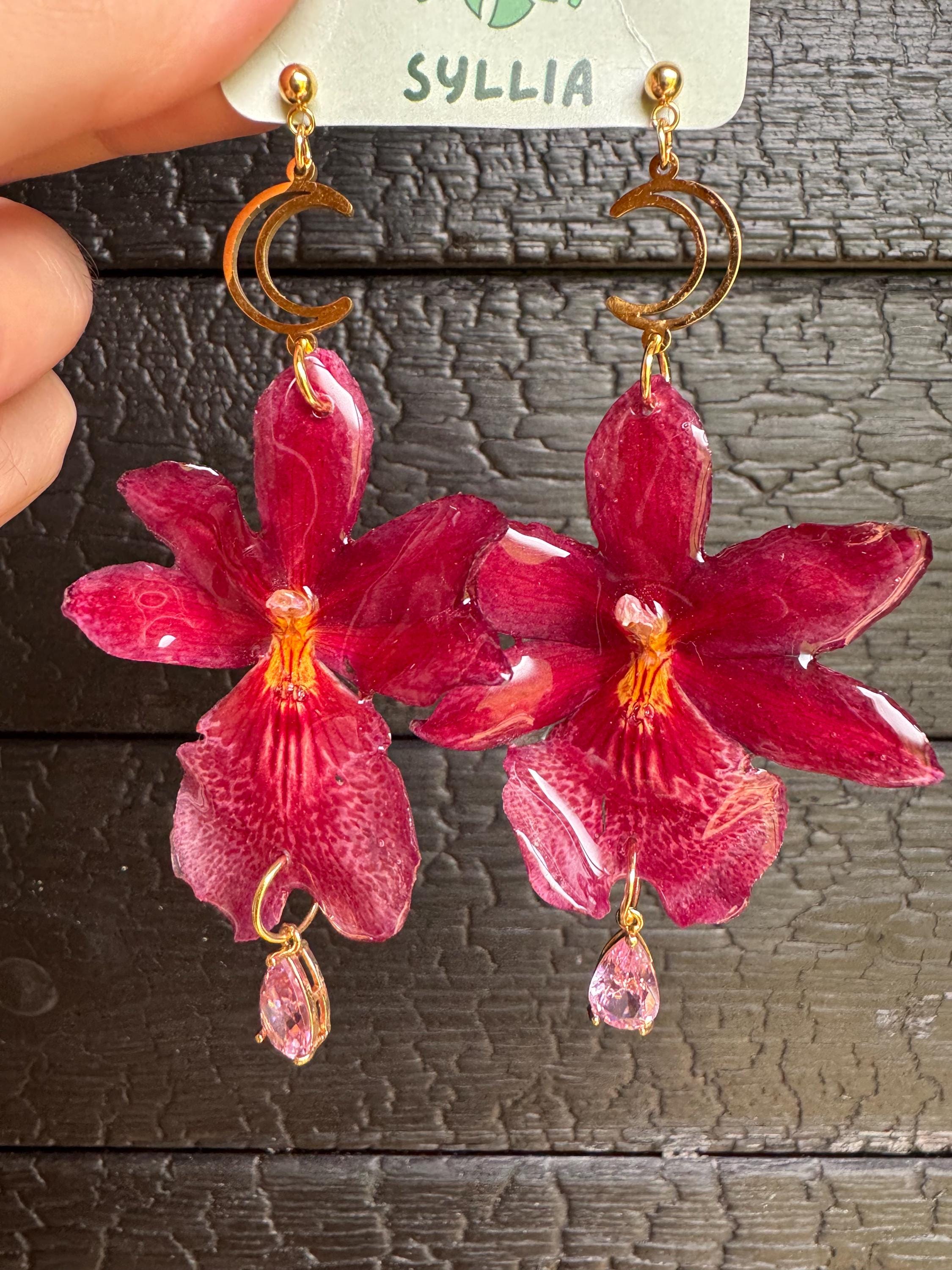 Real Pink Orchid Earrings Handmade Resin Jewelry Dangle Floral Earrings for Women Botanical gift