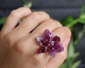Bague orchidée violette véritable – Bijoux en résine faits main pour les amoureux de la nature