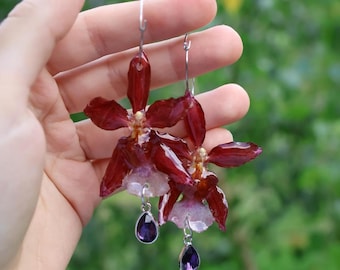 Real Orchid Resin Earrings: Handmade Lightweight Botanical Jewelry