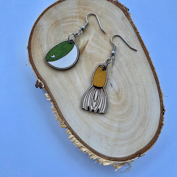 Japanese Tea Art Unique Matcha Green Wooden Dangle Earrings  Lightweight and Sophisticated