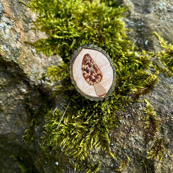 Handpainted Morel Mushroom Wood Ring, Unique nature jewelry, Adorable fungi jewellery, Forest inspired stainless steel ring, Adjustable band