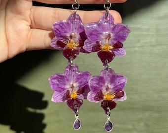 Real Orchid Earrings with Amethyst - Handmade Floral Resin Jewelry, Nature Inspired Gift for Her, Lightweight Dangle Earrings