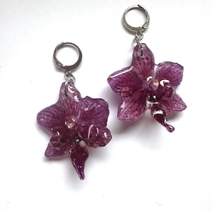 Purple real orchid earrings Flower preserved in resin jewelry