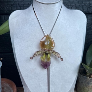 Lady slipper orchid bolo necklace, silver, adjustable slider Real flower jewelry