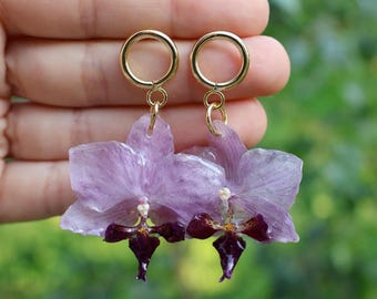 Real Orchid Resin Earrings: Lightweight Floral Botanical Jewelry