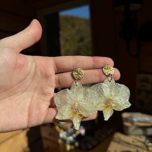 White Orchid Earrings Handmade Resin Jewelry Floral Dangle Gifts for Her Boho Elegant Accessories