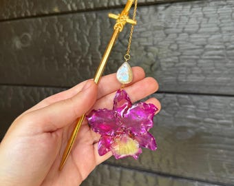 Purple Orchid Handmade Hairpin, Botanical Sword Hair Fork, Fantasy Floral Hair Stick