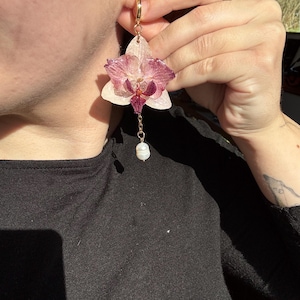 Real Flower Earrings, Pink Orchid Resin, Pearl Hoops