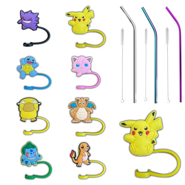 Anime Cartoon Straw Pencil Toppers Lots Made For Stanley Starbucks Tumbler Cup Silicone Dust Plugs With FREE Metal Reusable Straws & Brushes