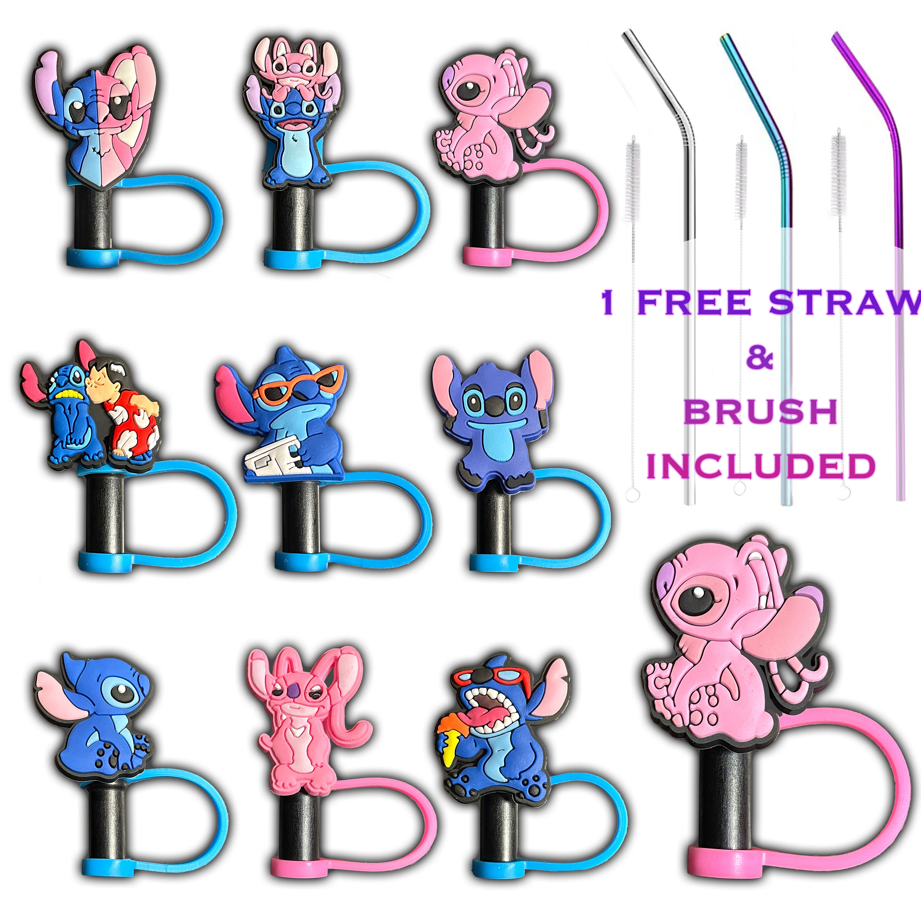 10Pcs Disney Lilo & Stitch Straw Topper Reusable Drinking Pen Cover Charms  For Tumbler Drinking Straws Pencil Decorate