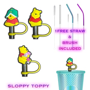 Winnie Poo Straw Pen Toppers Made For Stanley Starbucks Tumblers Cups Silicone Dust Charms Plugs Lids With FREE Cute Reusable Straws & Brush