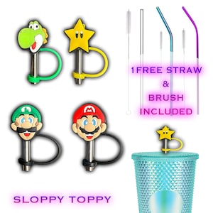 Mario Straw Toppers Bros Made For Stanley Hydroflask Tumbler Cups Silicone Dust Charm Cover Plug Deksels met GRATIS schattige herbruikbare rietjes en borstel